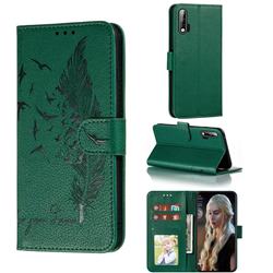 Intricate Embossing Lychee Feather Bird Leather Wallet Case for Huawei nova 6 - Green