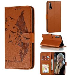 Intricate Embossing Lychee Feather Bird Leather Wallet Case for Huawei nova 6 - Brown