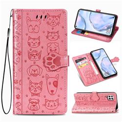 Embossing Dog Paw Kitten and Puppy Leather Wallet Case for Huawei nova 6 SE - Pink