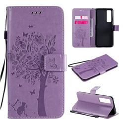 Embossing Butterfly Tree Leather Wallet Case for Huawei nova 7 Pro 5G - Violet