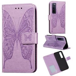 Intricate Embossing Vivid Butterfly Leather Wallet Case for Huawei nova 7 Pro 5G - Purple