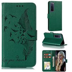 Intricate Embossing Lychee Feather Bird Leather Wallet Case for Huawei nova 7 Pro 5G - Green