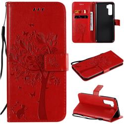 Embossing Butterfly Tree Leather Wallet Case for Huawei nova 7 SE - Red