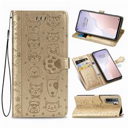 Embossing Dog Paw Kitten and Puppy Leather Wallet Case for Huawei nova 7 SE - Champagne Gold