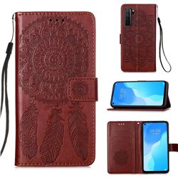 Embossing Dream Catcher Mandala Flower Leather Wallet Case for Huawei nova 7 SE - Brown