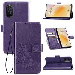 Embossing Imprint Four-Leaf Clover Leather Wallet Case for Huawei nova 8 - Purple