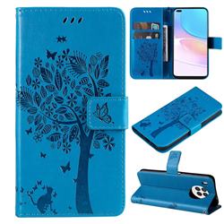 Embossing Butterfly Tree Leather Wallet Case for Huawei nova 8i - Blue