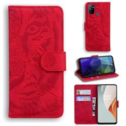 Intricate Embossing Tiger Face Leather Wallet Case for OnePlus Nord N100 - Red