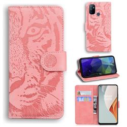 Intricate Embossing Tiger Face Leather Wallet Case for OnePlus Nord N100 - Pink