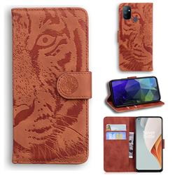 Intricate Embossing Tiger Face Leather Wallet Case for OnePlus Nord N100 - Brown