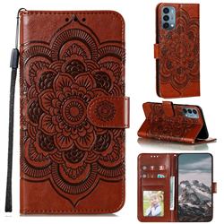Intricate Embossing Datura Solar Leather Wallet Case for OnePlus Nord N200 5G - Brown