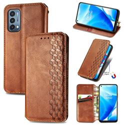 Ultra Slim Fashion Business Card Magnetic Automatic Suction Leather Flip Cover for OnePlus Nord N200 5G - Brown