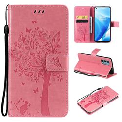 Embossing Butterfly Tree Leather Wallet Case for OnePlus Nord N200 5G - Pink