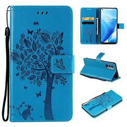 Embossing Butterfly Tree Leather Wallet Case for OnePlus Nord N200 5G - Blue