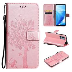 Embossing Butterfly Tree Leather Wallet Case for OnePlus Nord N200 5G - Rose Pink