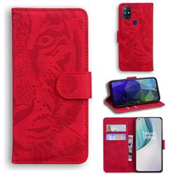Intricate Embossing Tiger Face Leather Wallet Case for OnePlus Nord N10 5G - Red