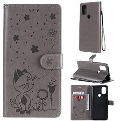 Embossing Bee and Cat Leather Wallet Case for OnePlus Nord N10 5G - Gray