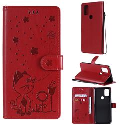 Embossing Bee and Cat Leather Wallet Case for OnePlus Nord N10 5G - Red