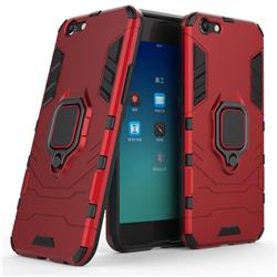 Black Panther Armor Metal Ring Grip Shockproof Dual Layer Rugged Hard Cover for Oppo A39 - Red