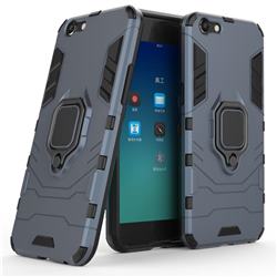 Black Panther Armor Metal Ring Grip Shockproof Dual Layer Rugged Hard Cover for Oppo A39 - Blue