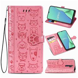 Embossing Dog Paw Kitten and Puppy Leather Wallet Case for Oppo A5 (2020) - Pink