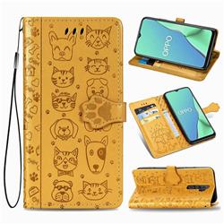 Embossing Dog Paw Kitten and Puppy Leather Wallet Case for Oppo A5 (2020) - Yellow