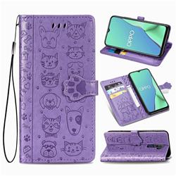 Embossing Dog Paw Kitten and Puppy Leather Wallet Case for Oppo A5 (2020) - Purple