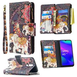 Totem Flower Elephant Binfen Color BF03 Retro Zipper Leather Wallet Phone Case for Oppo A5 (2020)
