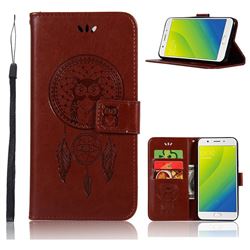 Intricate Embossing Owl Campanula Leather Wallet Case for Oppo A59 - Brown