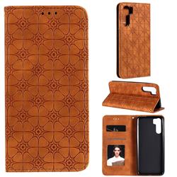 Intricate Embossing Four Leaf Clover Leather Wallet Case for Oppo A91 - Yellowish Brown