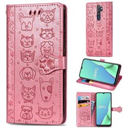 Embossing Dog Paw Kitten and Puppy Leather Wallet Case for Oppo A9 (2020) - Pink