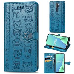 Embossing Dog Paw Kitten and Puppy Leather Wallet Case for Oppo A9 (2020) - Blue