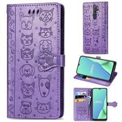 Embossing Dog Paw Kitten and Puppy Leather Wallet Case for Oppo A9 (2020) - Purple
