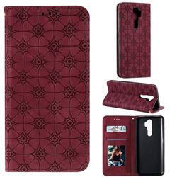 Intricate Embossing Four Leaf Clover Leather Wallet Case for Oppo A9 (2020) - Claret