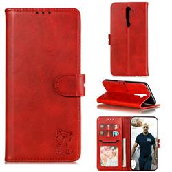 Embossing Happy Cat Leather Wallet Case for Oppo A9 (2020) - Red