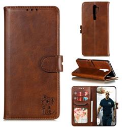 Embossing Happy Cat Leather Wallet Case for Oppo A9 (2020) - Brown