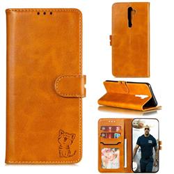 Embossing Happy Cat Leather Wallet Case for Oppo A9 (2020) - Yellow