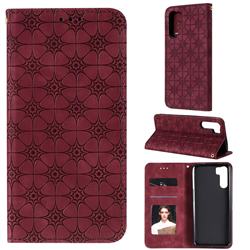 Intricate Embossing Four Leaf Clover Leather Wallet Case for Oppo F15 - Claret