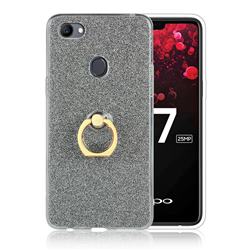 Luxury Soft TPU Glitter Back Ring Cover with 360 Rotate Finger Holder Buckle for Oppo F7 - Black
