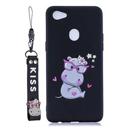 Black Flower Hippo Soft Kiss Candy Hand Strap Silicone Case for Oppo F7