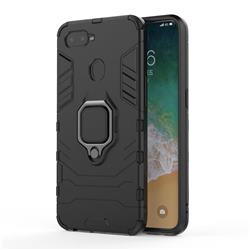 Black Panther Armor Metal Ring Grip Shockproof Dual Layer Rugged Hard Cover for Oppo F9 (F9 Pro) - Black