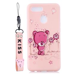 Pink Flower Bear Soft Kiss Candy Hand Strap Silicone Case for Oppo F9 (F9 Pro)