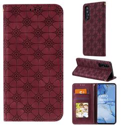 Intricate Embossing Four Leaf Clover Leather Wallet Case for Oppo Find X2 Neo - Claret