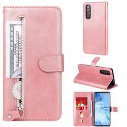 Retro Luxury Zipper Leather Phone Wallet Case for Oppo Find X2 Neo - Pink