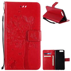 Embossing Butterfly Tree Leather Wallet Case for OnePlus 5 - Red