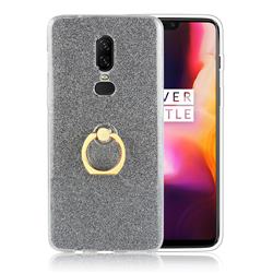 Luxury Soft TPU Glitter Back Ring Cover with 360 Rotate Finger Holder Buckle for OnePlus 6 - Black