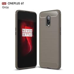 Luxury Carbon Fiber Brushed Wire Drawing Silicone TPU Back Cover for OnePlus 6T - Gray
