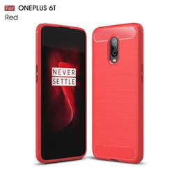 Luxury Carbon Fiber Brushed Wire Drawing Silicone TPU Back Cover for OnePlus 6T - Red