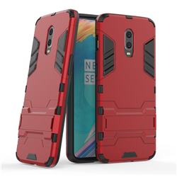Armor Premium Tactical Grip Kickstand Shockproof Dual Layer Rugged Hard Cover for OnePlus 6T - Wine Red