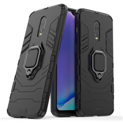 Black Panther Armor Metal Ring Grip Shockproof Dual Layer Rugged Hard Cover for OnePlus 6T - Black